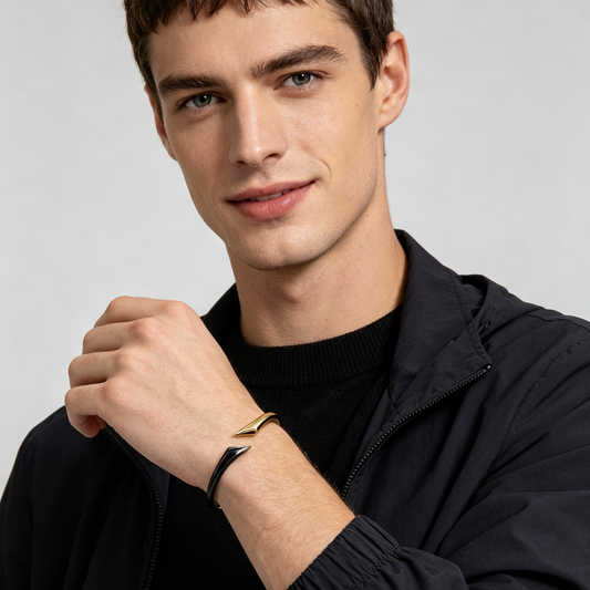 Men Two-Tone Gold Black Open Cuff Bangle With Tapered Pointed Ends