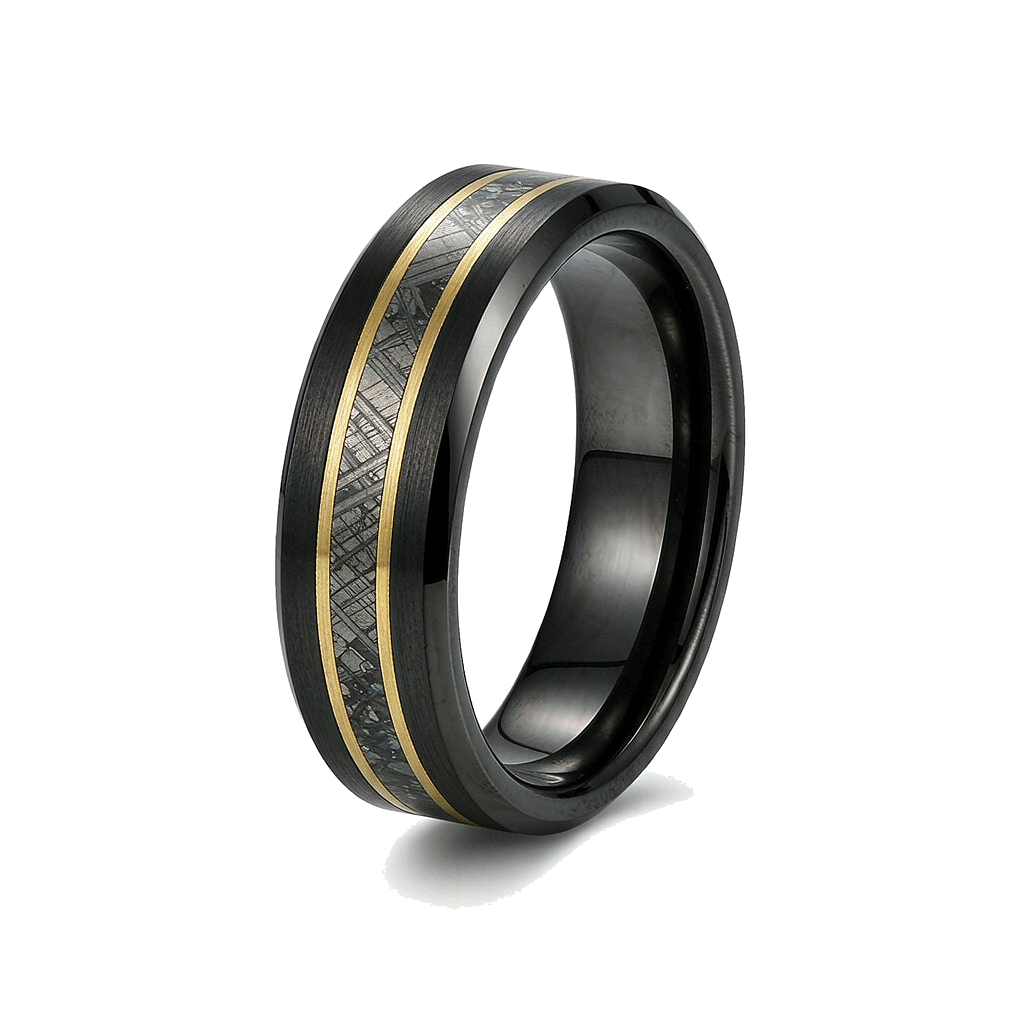 Men Black Tungsten Ring Meteorite Inlay With Gold Stripes