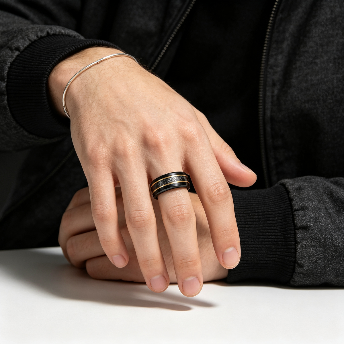 Men Black Tungsten Ring Meteorite Inlay With Gold Stripes