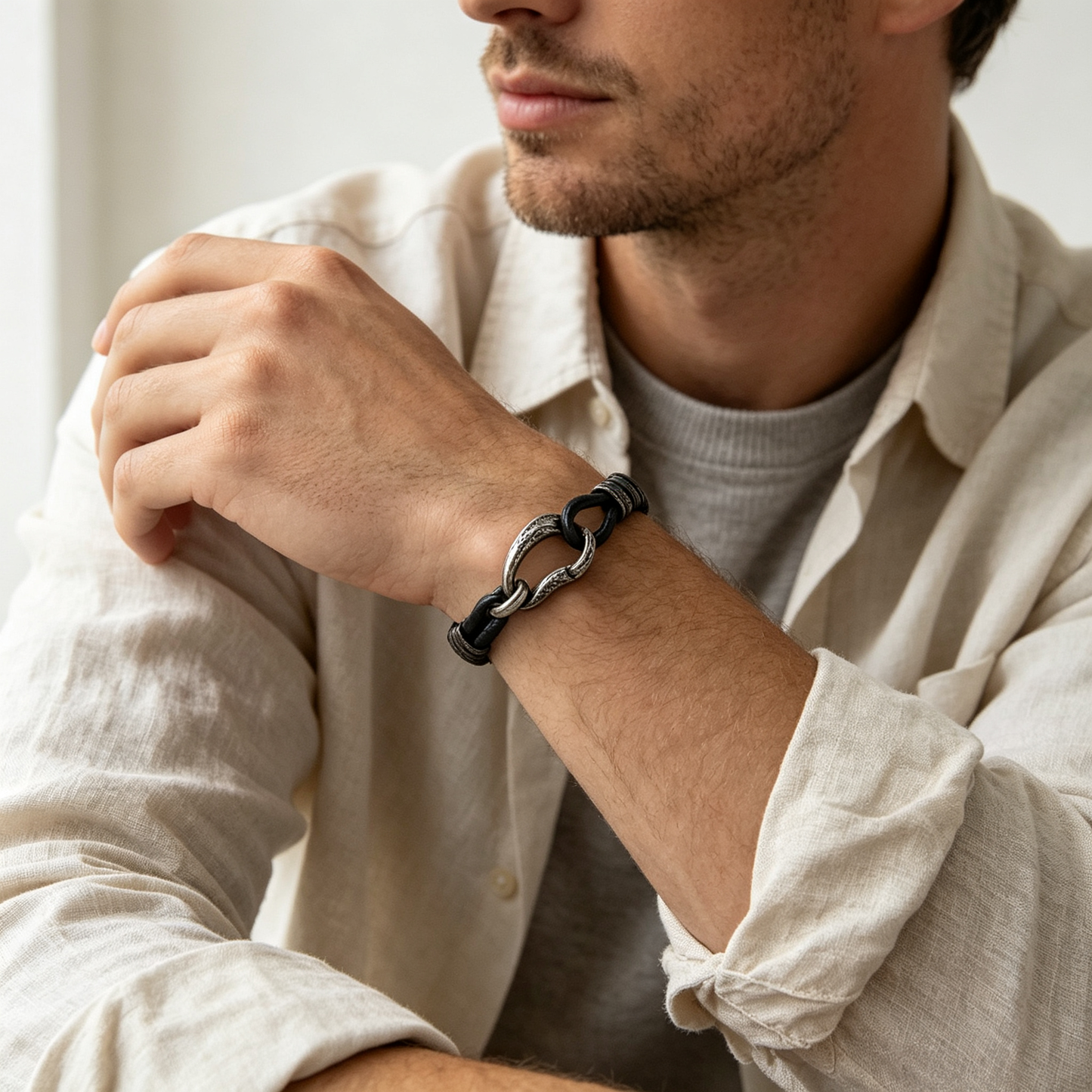 Men Two‑Layer Rope & Paperclip Chain Bracelet Silver Tone Stack Wristband