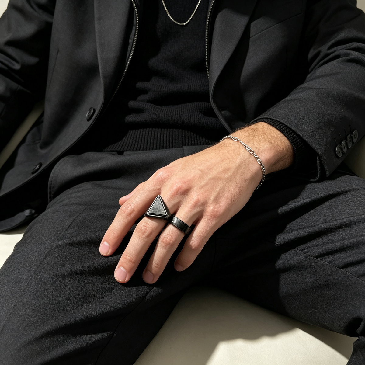 Men Gunmetal Brushed Triangle Pyramid Signet Ring