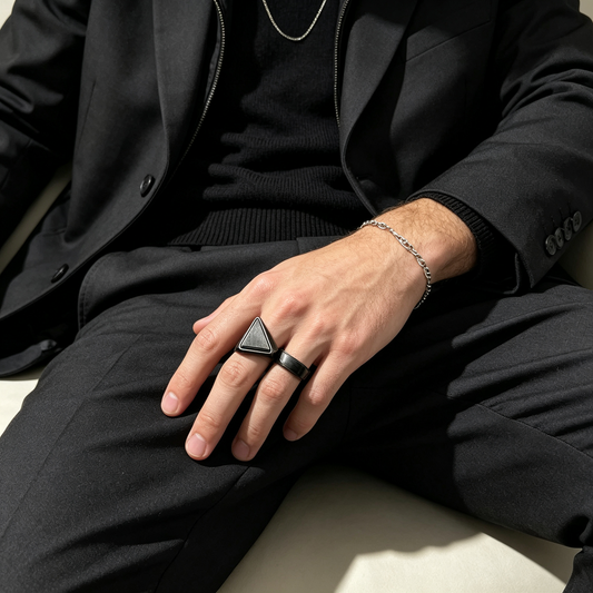 Men Gunmetal Brushed Triangle Pyramid Signet Ring
