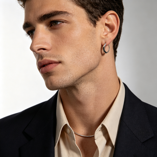 Men Silver Faceted Hoop Earring Inlaid Black Micro‑Crystals Single