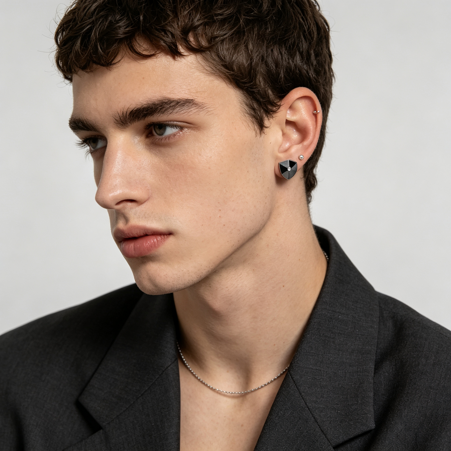 Men Gunmetal Shield‑Shape Stud Earring Inlaid Clear Crystal Single