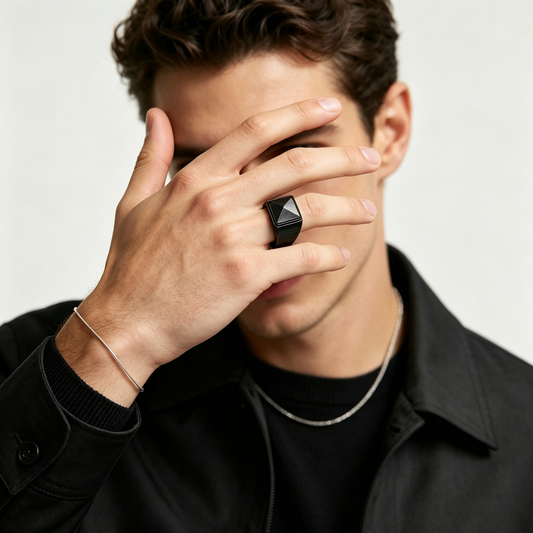 Men Black Square Pyramid Top Signet Ring