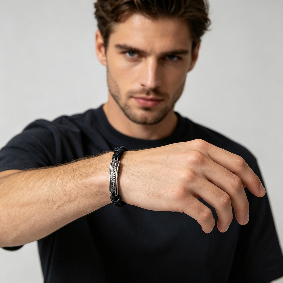 Men Black Box Chain Bracelet Engraved North Star Bar Minimalist Wristband
