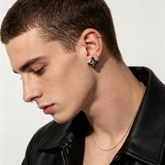 Men Silver Black Enamel Four‑Pointed Star Stud Earring Retro Futuristic Single