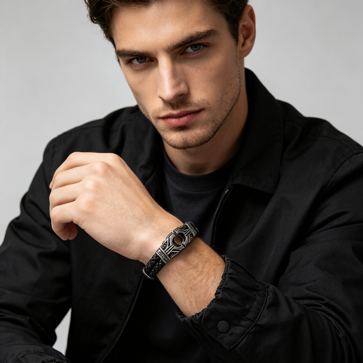 Men Mixed Metal Hexagon Bead Bracelet Two‑Tone Stretch Elastic Wristband
