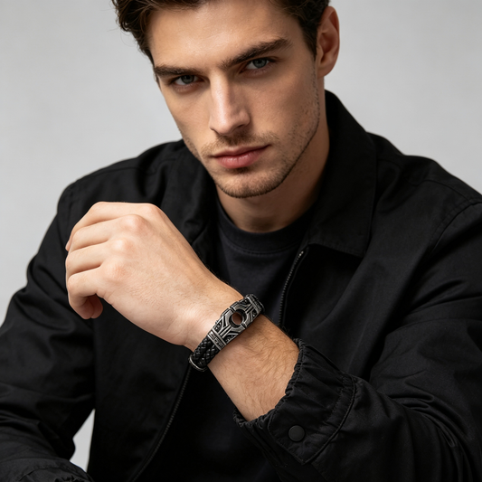 Men Mixed Metal Hexagon Bead Bracelet Two‑Tone Stretch Elastic Wristband