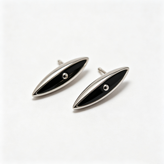 Men Silver Marquise Shape Stud Earrings Black Enamel Inlay Pair
