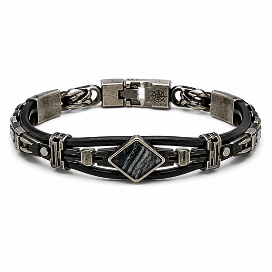 Men Retro Multi‑Layer Leather Bracelet with Square Graphic Stone Inlay Gunmetal Hardware