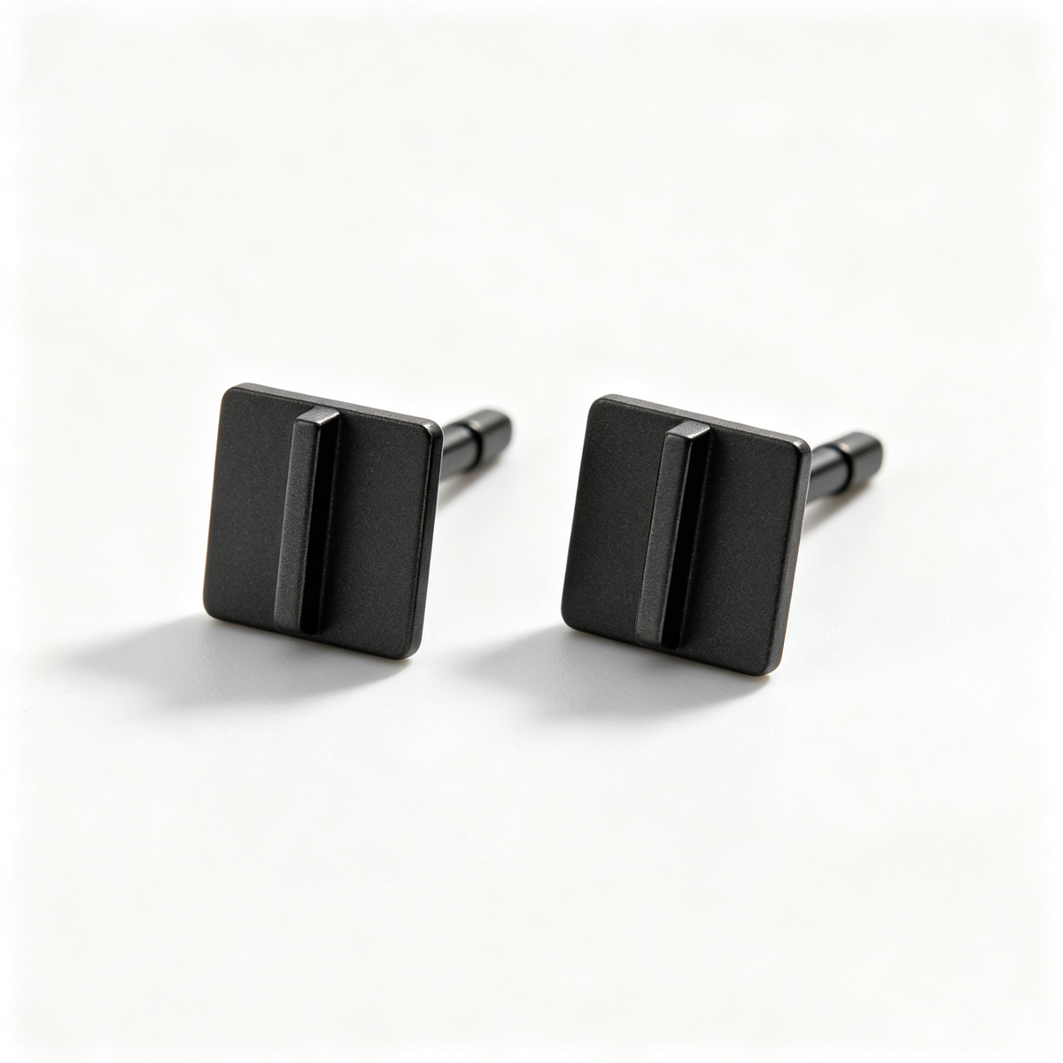 Men Matte Black Square Bar Detail Stud Earrings Minimal Modern Pair