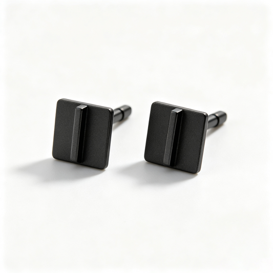 Men Matte Black Square Bar Detail Stud Earrings Minimal Modern Pair