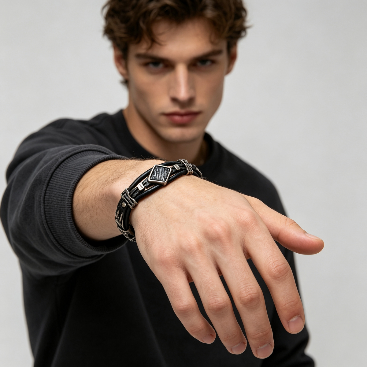Men Retro Multi‑Layer Leather Bracelet with Square Graphic Stone Inlay Gunmetal Hardware