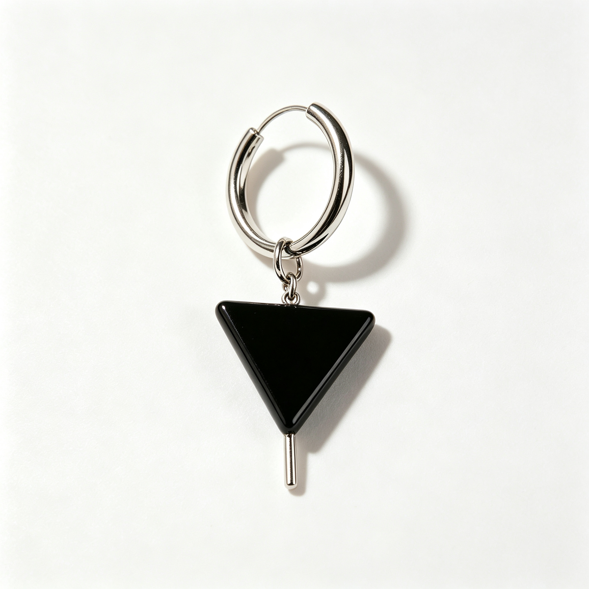 Men Silver Hoop Earring With Inlaid Black Triangle Charm Single