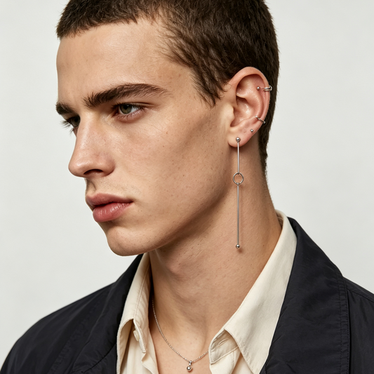 Men Silver Minimal Long Bar Link Drop Stud Earring Single